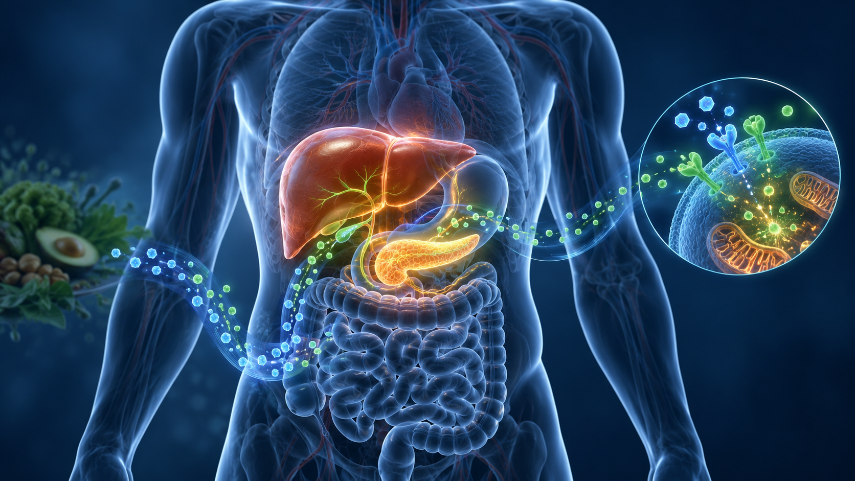 Ilustración anatómica 3D de órganos relacionados con la salud metabólica